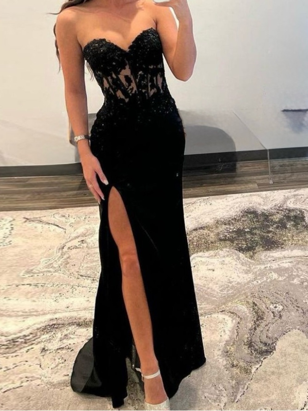 Berlinnova Black Strapless Lace Corset Gown | Sheer Boned Bodice Slit Maxi 8
